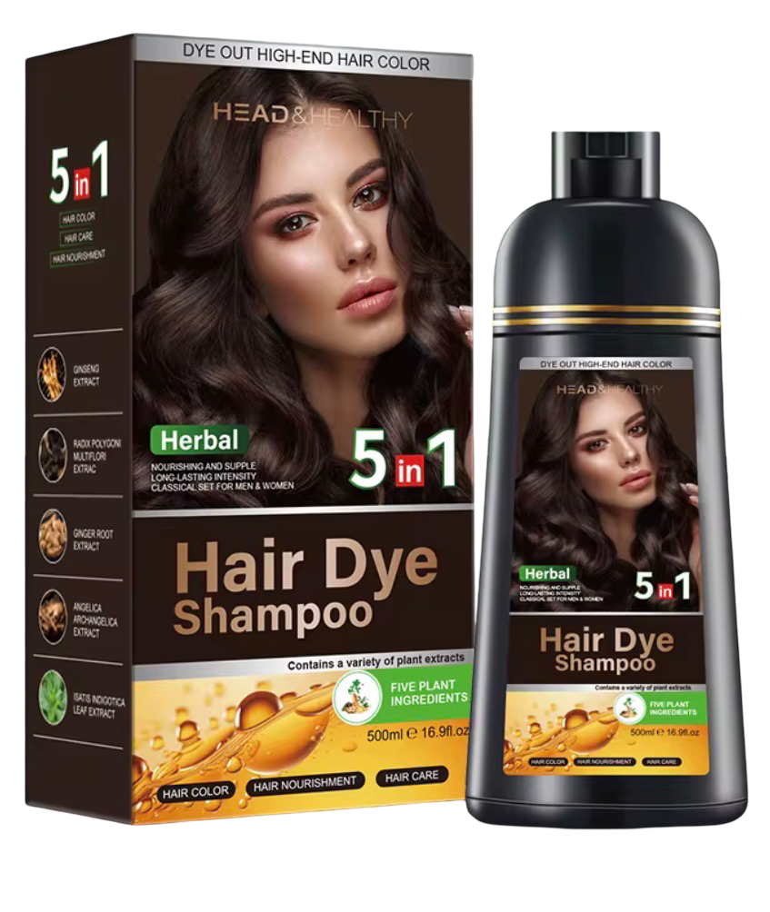 Head & Healthy 5-in-1 Herbal Hair Dye Shampoo – Natural Black Hair Color, Long-Lasting Grey Coverage, Nourishing & Sulfate-Free Formula (500ml)