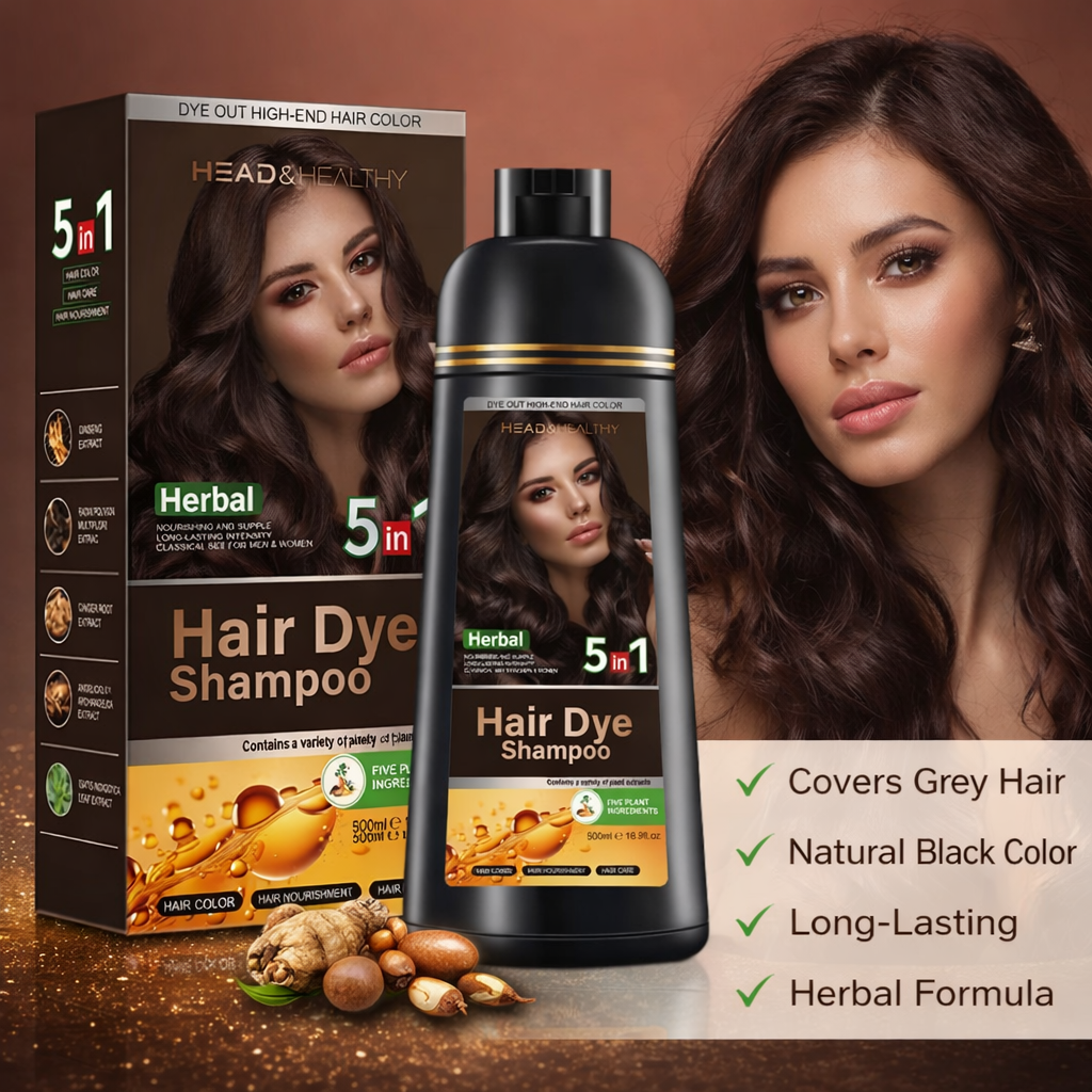 Head & Healthy 5-in-1 Herbal Hair Dye Shampoo – Natural Black Hair Color, Long-Lasting Grey Coverage, Nourishing & Sulfate-Free Formula (500ml)