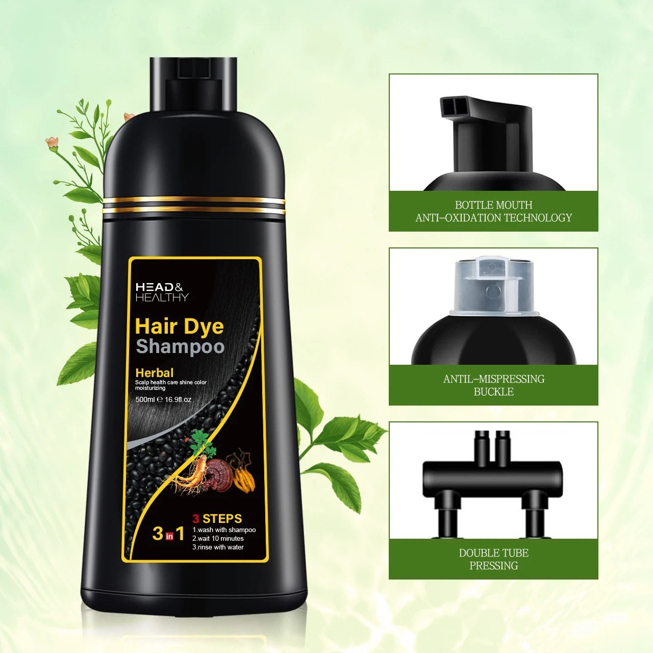 Head & Healthy Hair Dye Shampoo 3 in 1 Instant Herbal Ingredients for Gray Hair 500ml 16.9 fl oz Unisex Formula