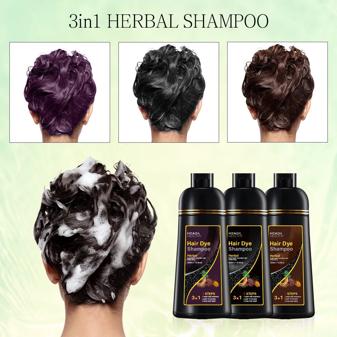 Head & Healthy Hair Dye Shampoo 3 in 1 Instant Herbal Ingredients for Gray Hair 500ml 16.9 fl oz Unisex Formula