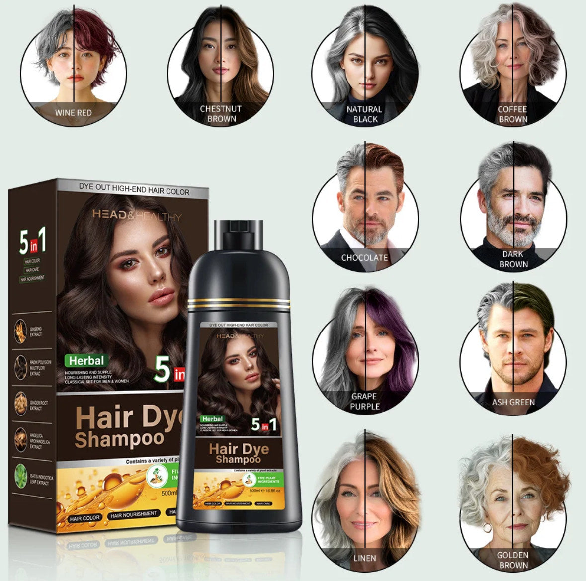 Head & Healthy 5-in-1 Herbal Hair Dye Shampoo – Natural Black Hair Color, Long-Lasting Grey Coverage, Nourishing & Sulfate-Free Formula (500ml)