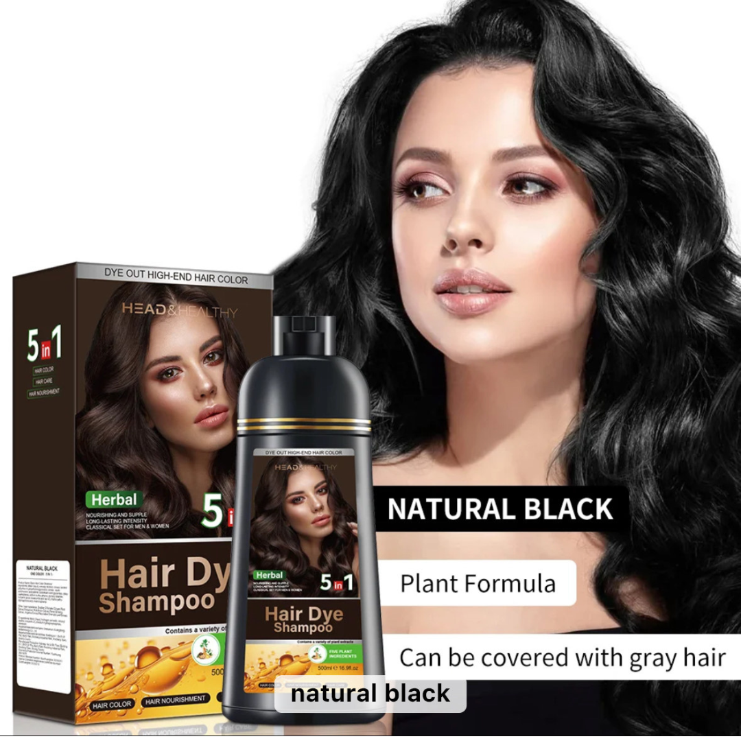 Head & Healthy 5-in-1 Herbal Hair Dye Shampoo – Natural Black Hair Color, Long-Lasting Grey Coverage, Nourishing & Sulfate-Free Formula (500ml)